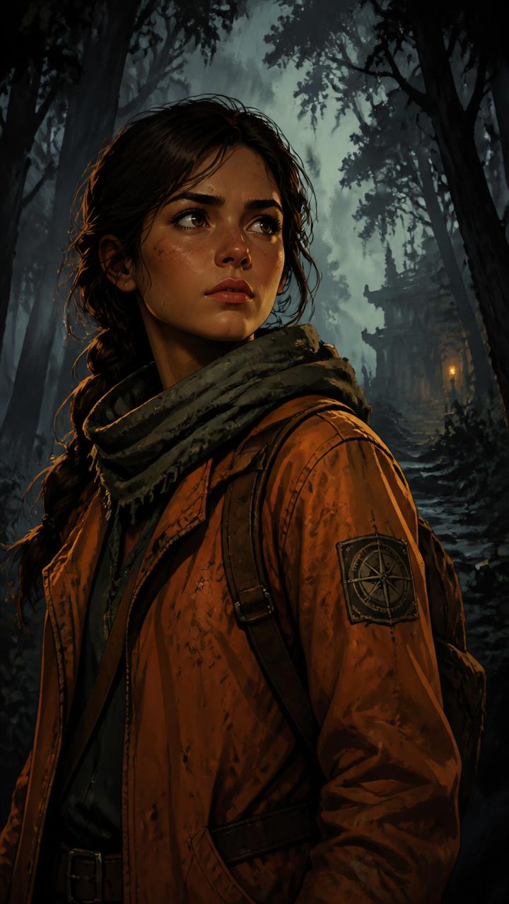Vertical 9:16 AI-generated character portrait of an explorer in an orange jacket in a foggy forest