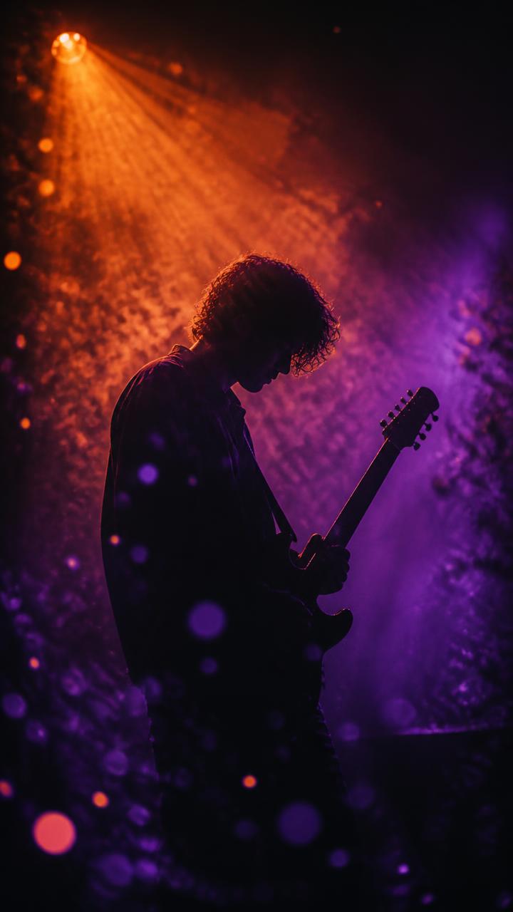 Vertical 9:16 AI-generated music video frame of a guitarist silhouette in purple and orange stage haze