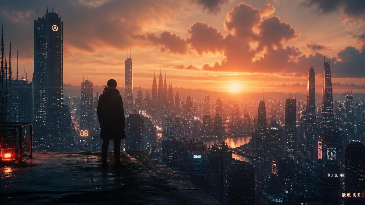 AI-generated 16:9 cinematic still of a figure on a rooftop above a futuristic city at sunset